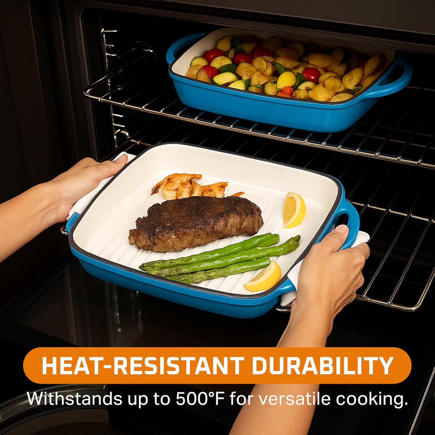 Bruntmor 2-in-1 Pre-Seasoned Square Cast Iron Dutch Oven with Dual Handles, Non Stick Pan with Grill, All-in-One Cookware Set, Cast Iron Casserole Dish with Lid for Braising Dishes,Whale Blue