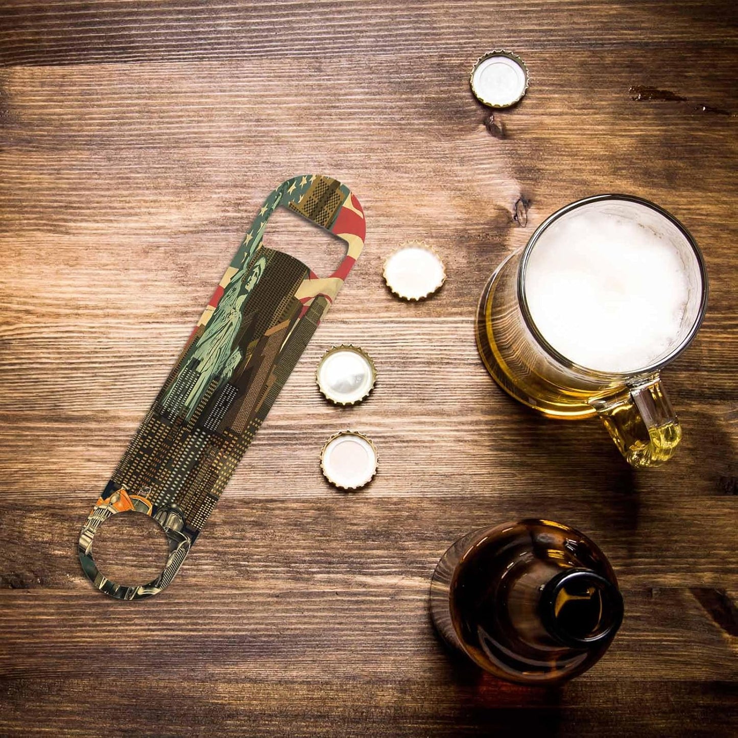 Vintage America Flag Stainless Steel Bottle Opener Auto Skyscraper Travel Freedom Landmark Flat Beer Bottle Opener Keychain for Home Kitchen Bar Restaurant Party Birthday Gift