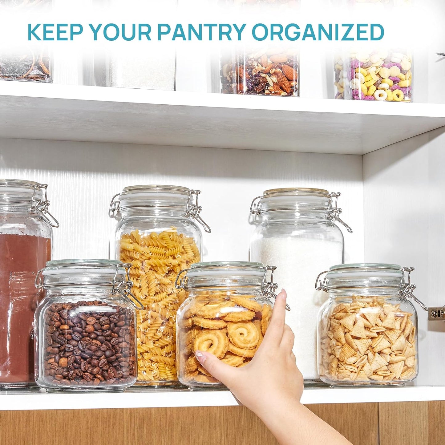 Vtopmart 34oz Glass Food Storage Jars with Airtight Clamp Lids, 3 Pack Kitchen Canisters for Flour, Cereal, Coffee, Pasta and Canning, Square Mason Jar with 8 Chalkboard Labels