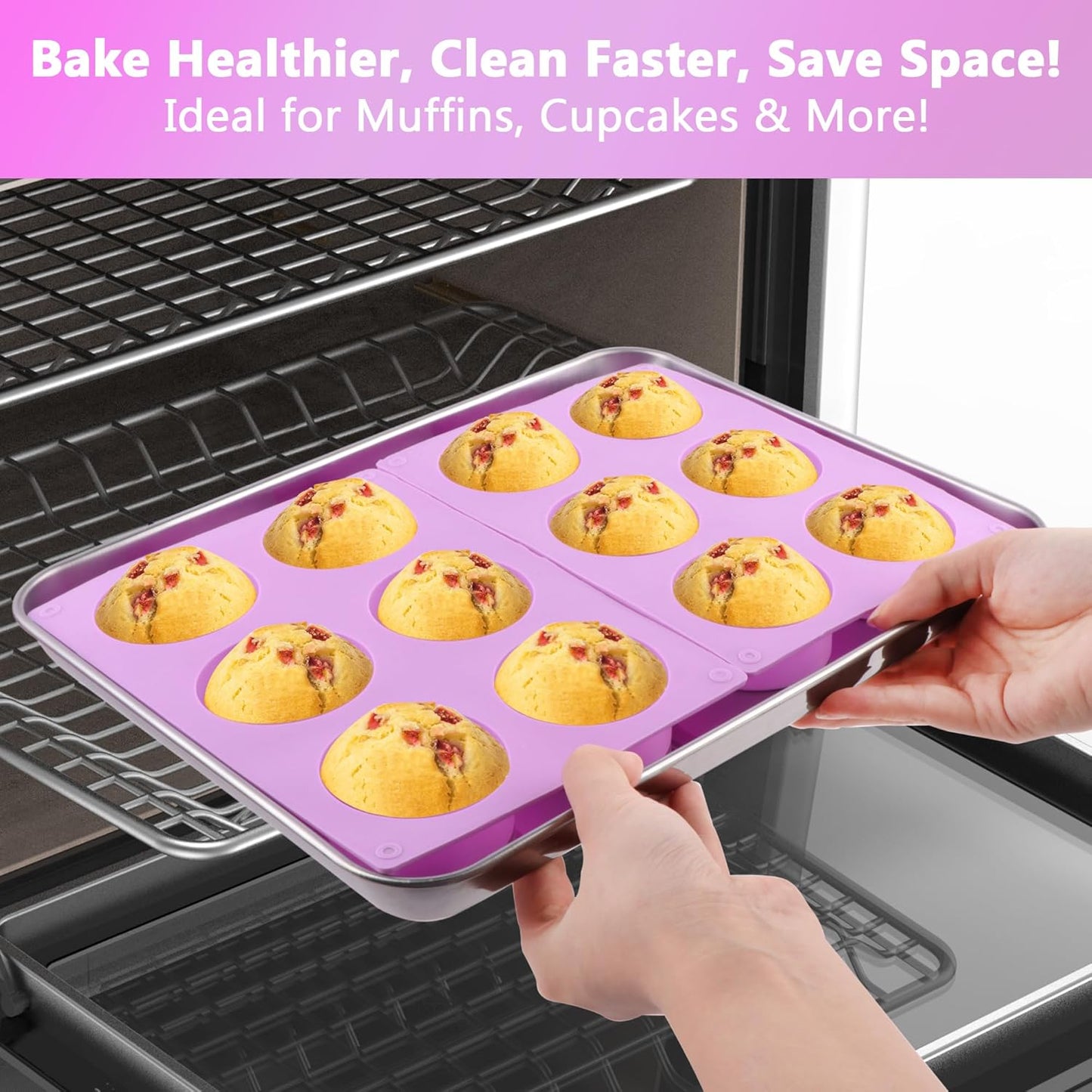 3-Pack Jumbo 6-Cup Silicone Muffin Pan Silicone Muffin Pan - Non-Stick Baking Mold for Cupcakes, Cornbread, Eggs - Purple
