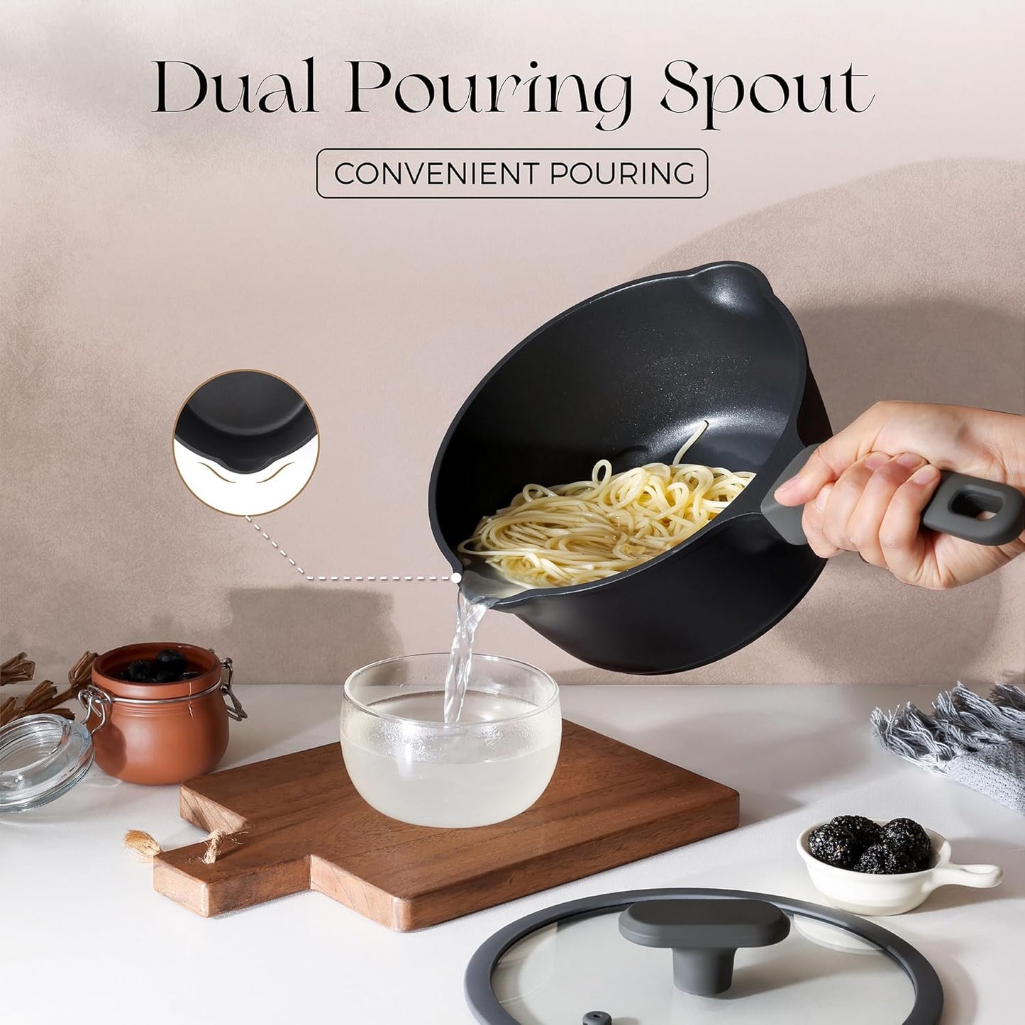 PRICUSIS Nonstick Saucepan with Lid, 2.7 Quart Non Toxic Pot with Pour Spouts, Full Coated, 100% Dishwasher Safe, Induction Compatible & Oven Safe, PTFE & PFOA Free, Black Sesame