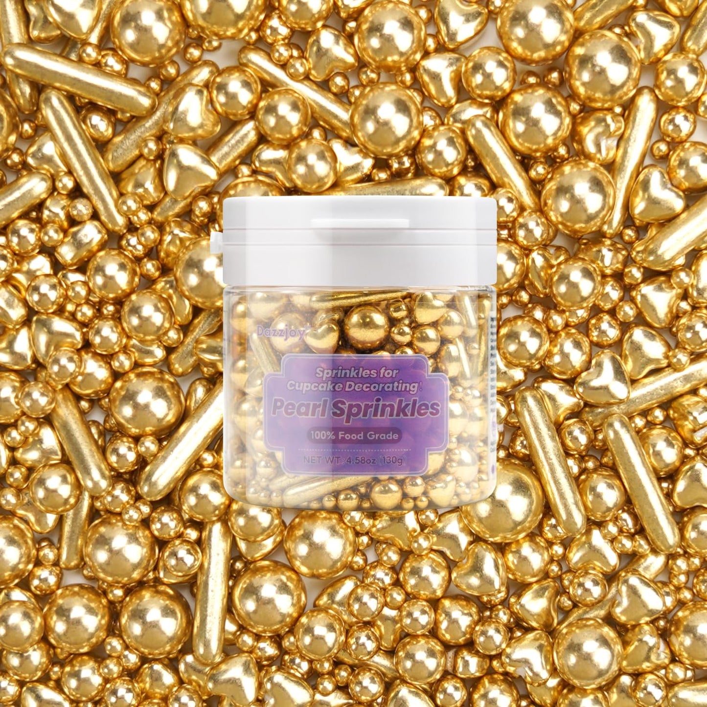 Dazzjoy Edible Gold Pearl Heart Rods Sprinkles, 130g/4.58oz, Mix Size, Gold Pearl Sprinkles for cupcake decorating, Cupcake Toppers Cake Decorations, Wedding Party Halloween Christmas Supplies