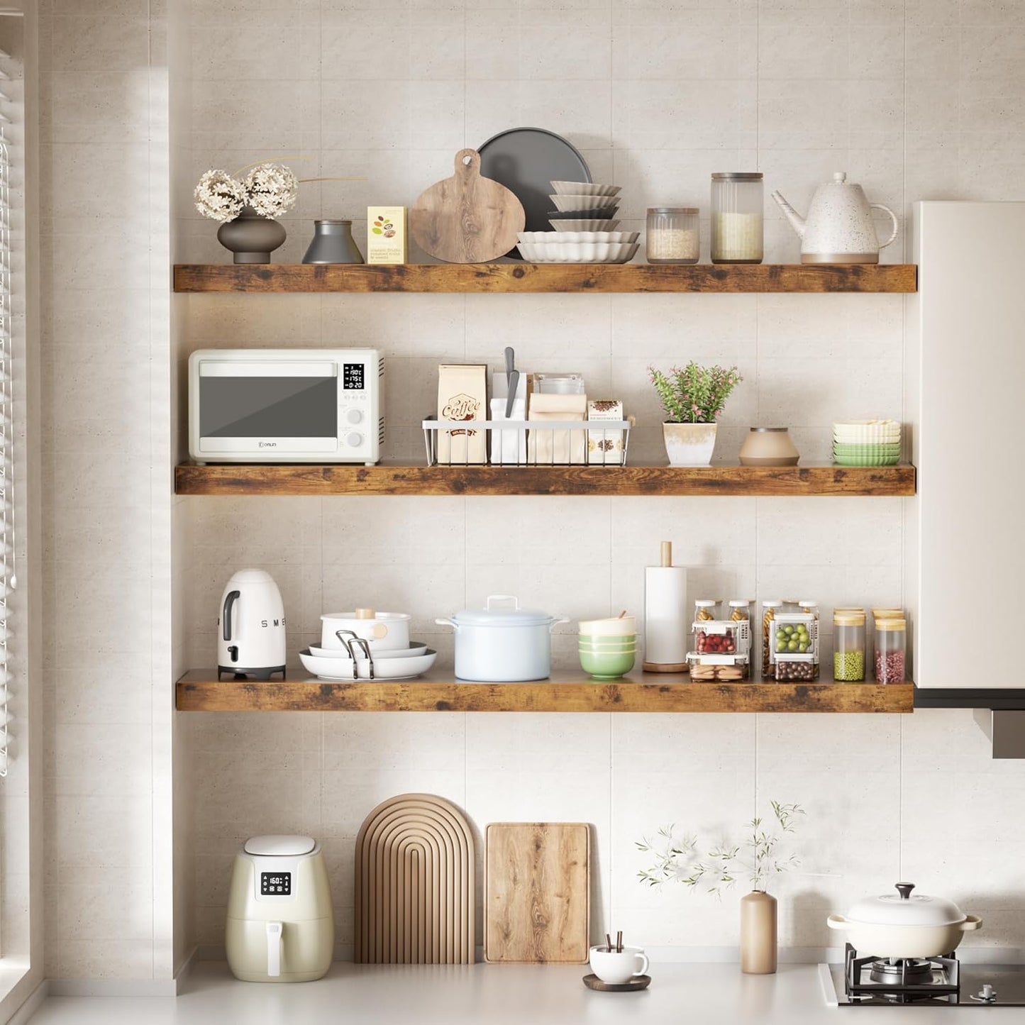 Colima Floating Shelves for Wall Brown Wood Shelf for Bedroom, 36 Inch Wall Mounted Floating Shelves for Bathroom Living Room Kitchen Office, 1.3" Thick Floating Book Shelves Set of 3