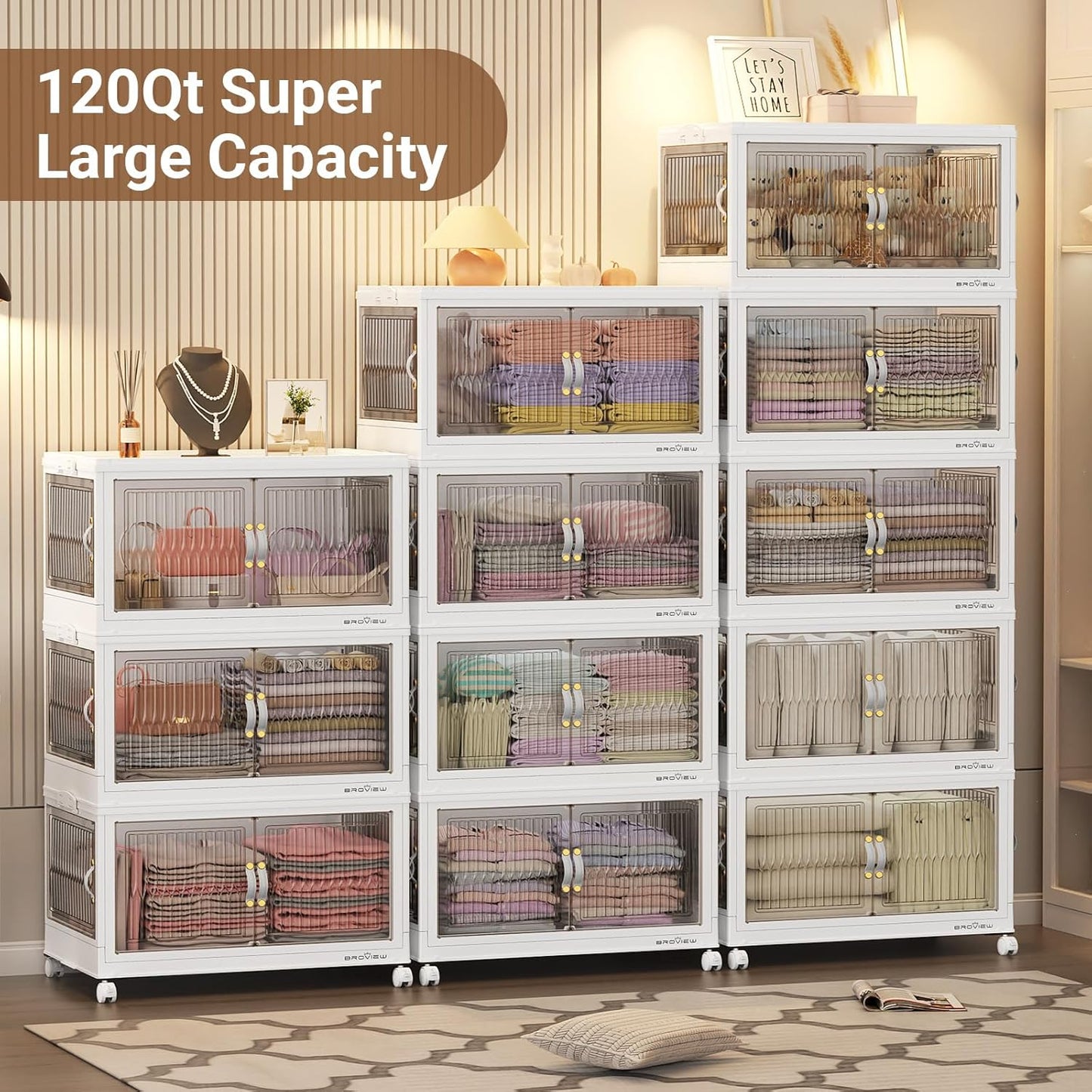 480QT Large Stackable Storage Bins with Lids, Plastic Closet Organizer and Storage Drawer, Collapsible Storage Box with Wheels, Folding Storage Cabinet with Doors for Home Kitchen, 4Pack White