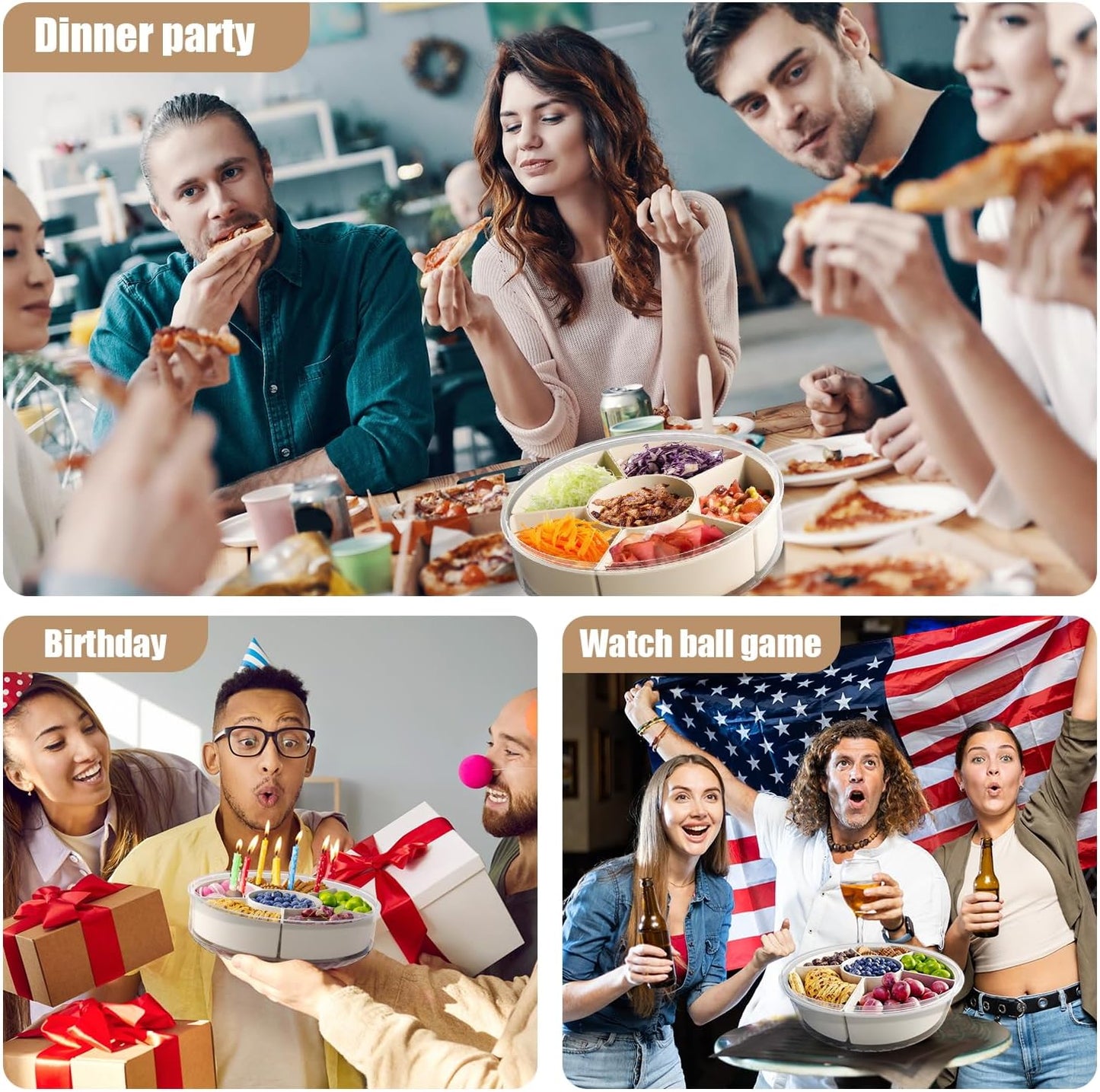 Divided Serving Tray with Lid and Handle,Large Snack Spinner,Snackle Box Container, Multi-Purpose Food Platter for Charcuterie Veggie Fruit, Taco Tuesday Movie Night Travel Beach Picnic Essentials