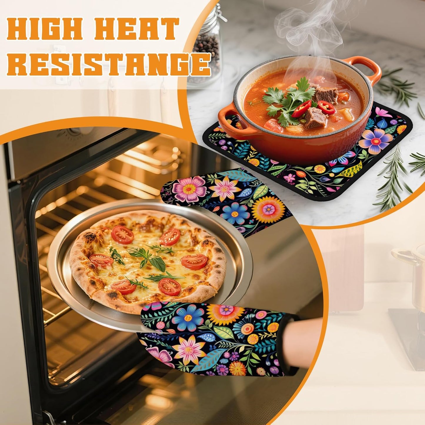 Vintage Hippie Flower Oven Mitts and Pot Holders,Heat Resistant Oven Mitts Gloves and Pot Holder for Home Kitchen Decorations Cooking Baking BBQ Gifts,Set of 4