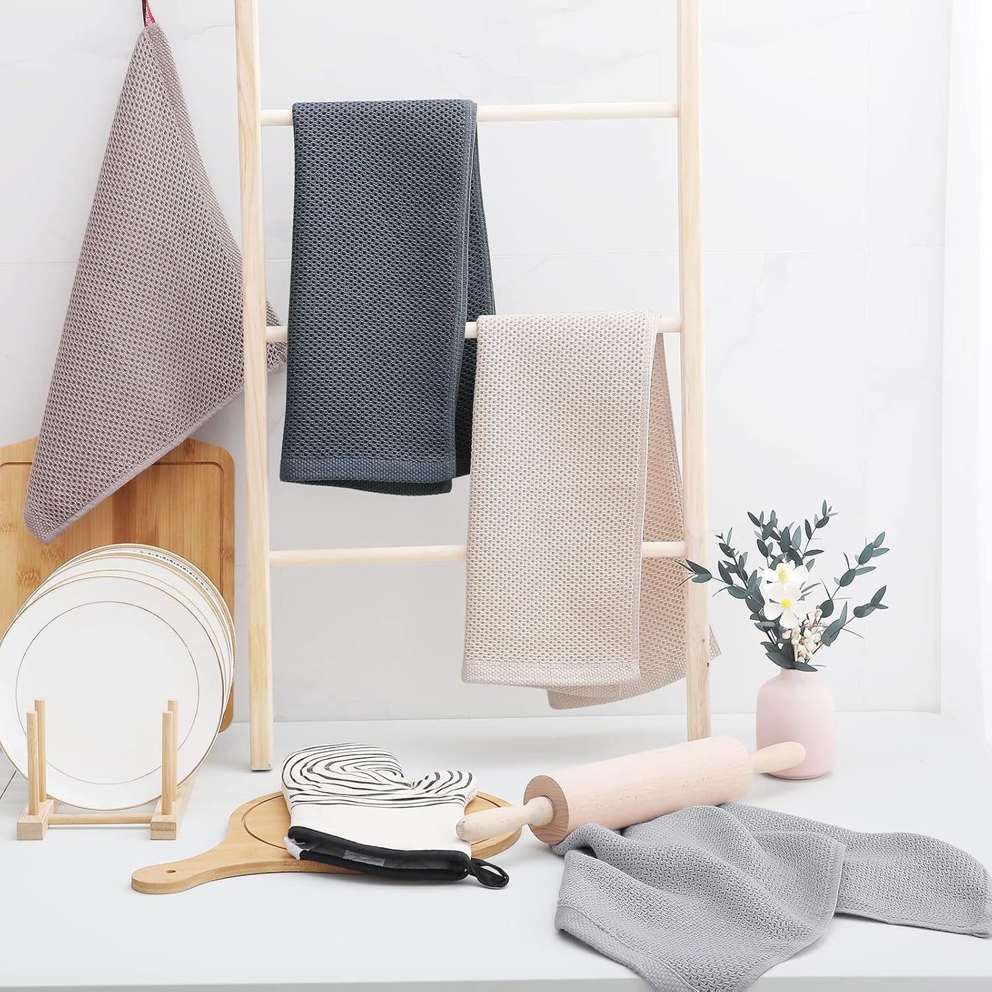 Homaxy 100% Cotton Waffle Weave Kitchen Dish Towels, Ultra Soft Absorbent Quick Drying Cleaning Towel, 13 x 28 Inches, 6-Pack, Dark Grey