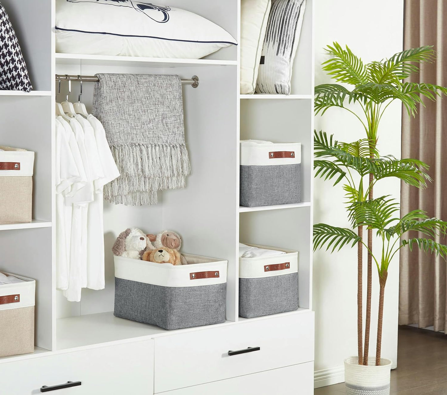 DECOMOMO Storage Baskets for Shelves - Fabric Storage Bins, Linen Closet Organizers and Storage (Slate Grey & White, XL - 3 Pack)