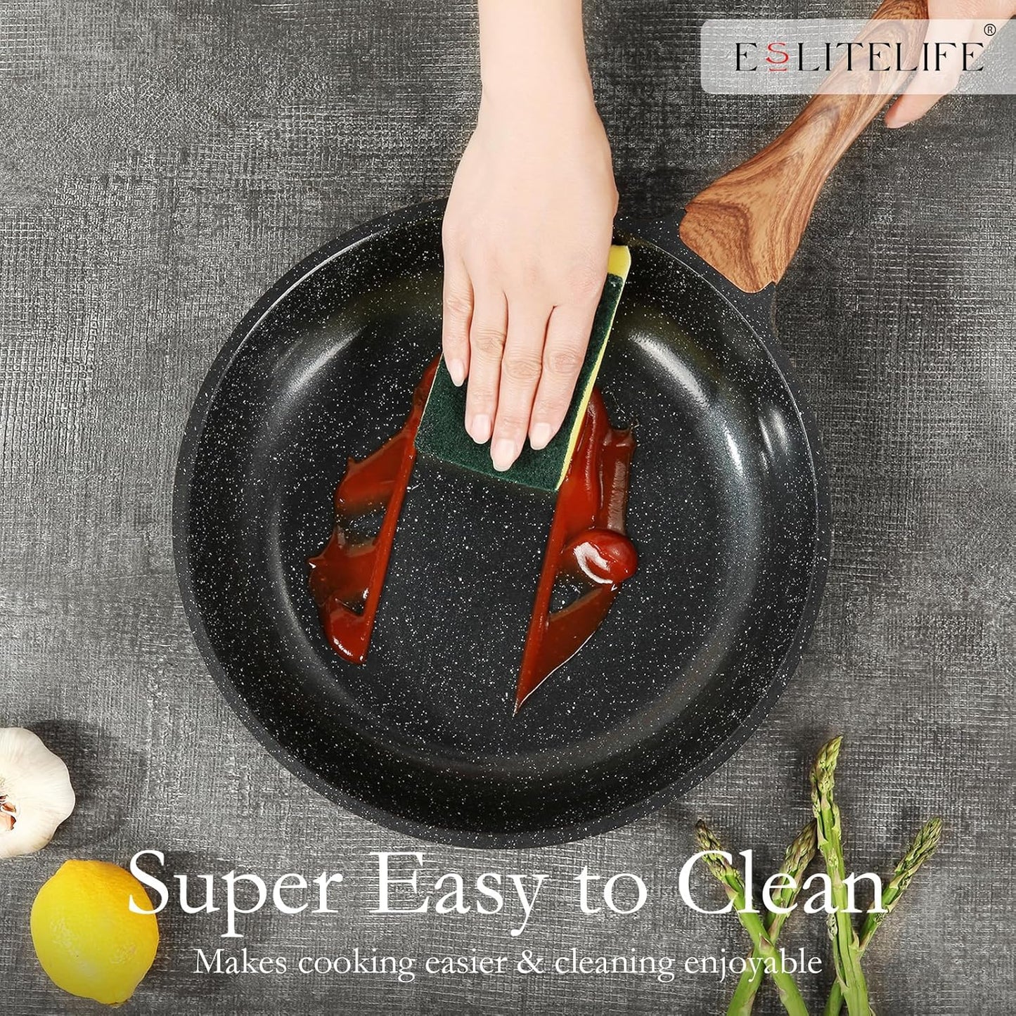 ESLITE LIFE Nonstick Ceramic Frying Pan Skillet, Non-Toxic Egg Omelette Kitchen Cooking Pans Compatible with All Stovetops (Gas, Electric & Induction), PTFE & PFOA Free (Black, 9.5'')