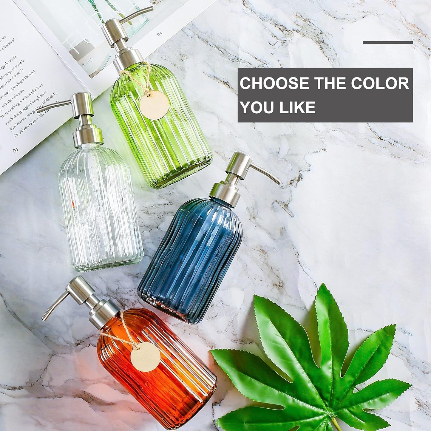 16 OZ Soap Dispenser,Tempered Glass Clear Vertical Stripe with 304 Rust Proof Stainless Steel Pump Refillable Liquid Hand Soap Dispenser,for Bathroom, Kitchen, Dish Soap,Lotion (Orange)