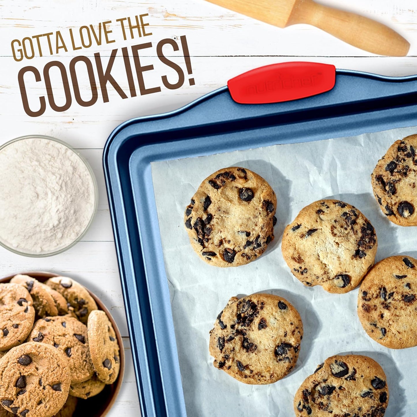 NutriChef 3-Piece Nonstick Cookie Sheets for Baking - Premium Carbon Steel Baking Trays w/ Non-Stick Smooth Coating & Silicone Handles - Large, Medium, & Small Bakeware - Blue