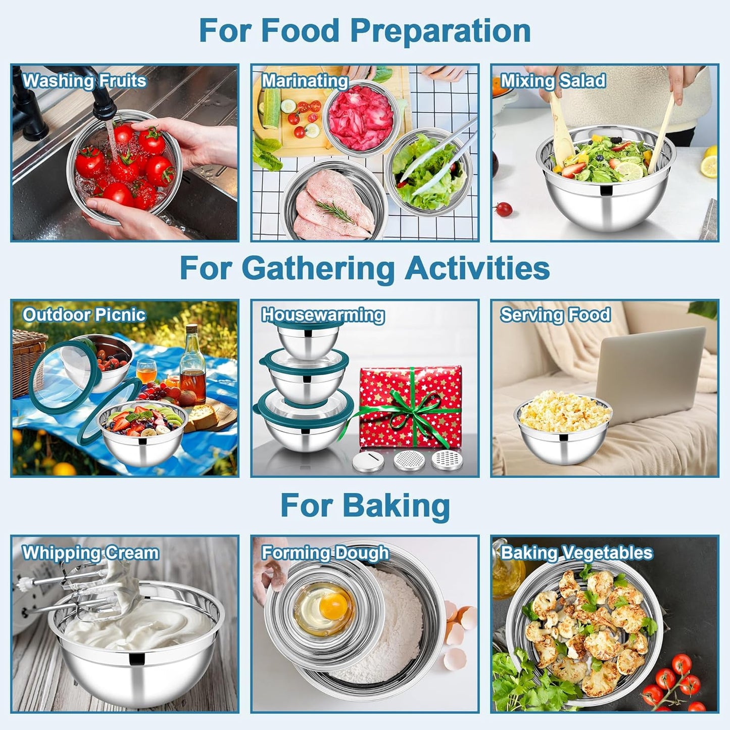 E-far Mixing Bowls with Lids and Graters, Stainless Steel Salad Mixing Bowl with Transparent Lid Set of 3, Metal Nesting Salad Storage for Kitchen Prepping/Serving/Baking, 4.6/2.6/1.5QT - Teal Blue