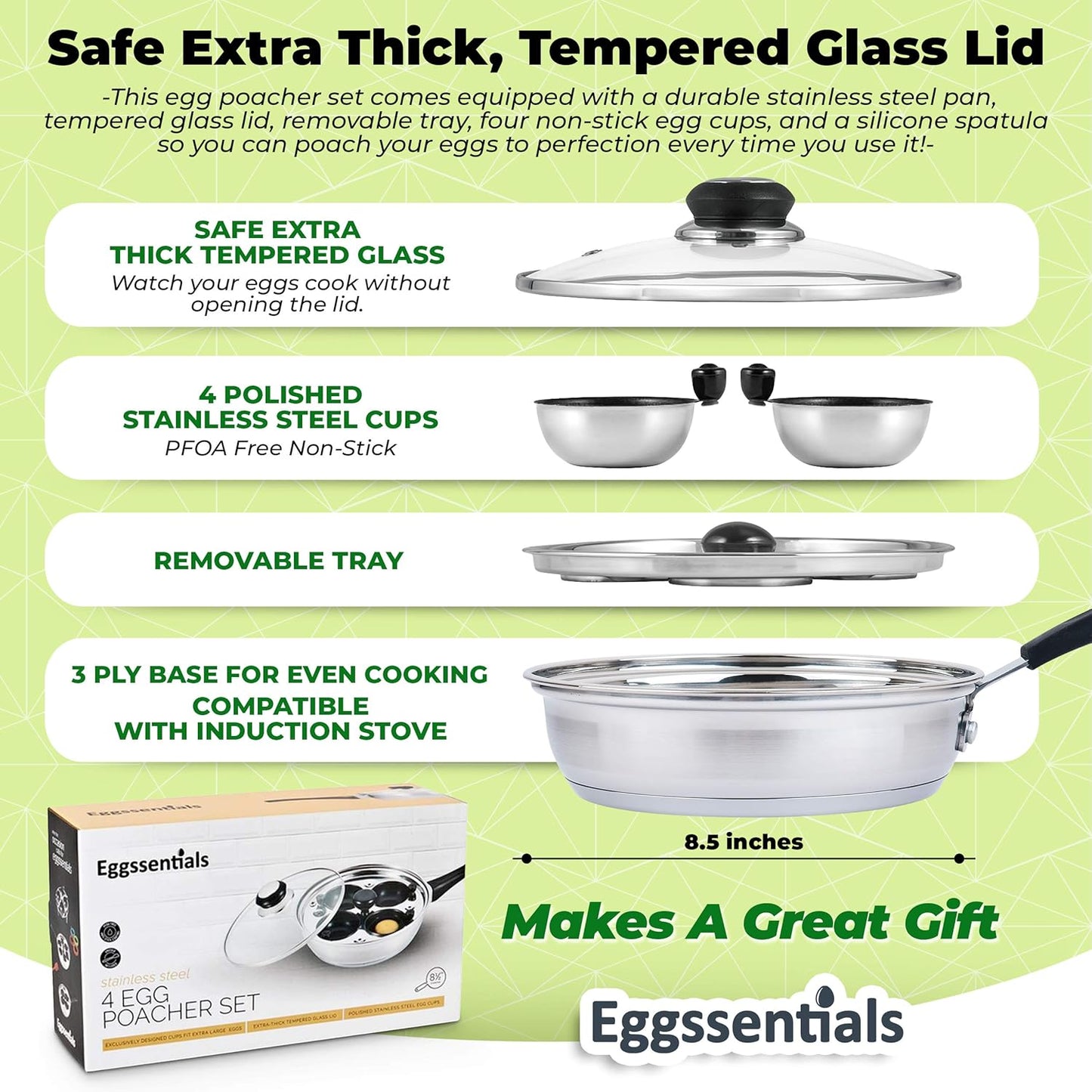 Egg Poacher - Eggssentials Poached Egg Maker, Stainless Steel Egg Poaching Pan, Poached Eggs Cooker Food Grade Safe PFOA Free with Spatula.