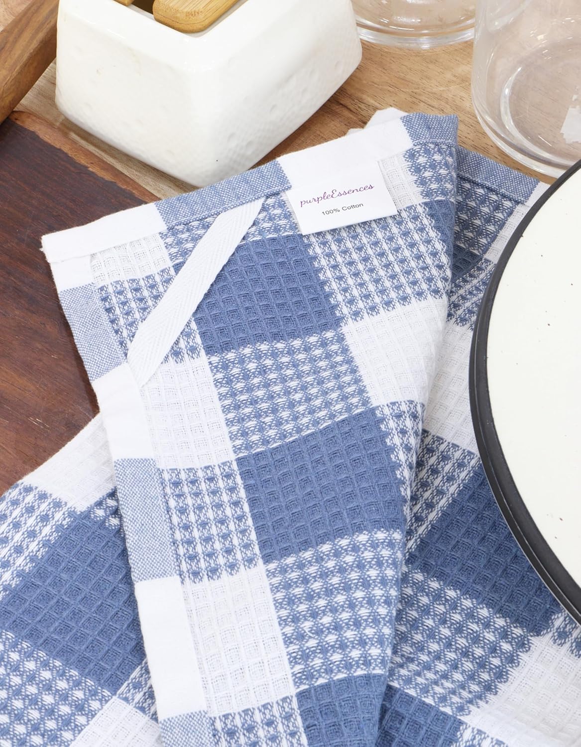 PurpleEssences 100% Cotton Waffle Weave Check Plaid Kitchen Towels, Super Soft and Absorbent Dish Towels for Drying Dishes 15 x 25-6 Pack - Spring Summer - Smoky Grey and White