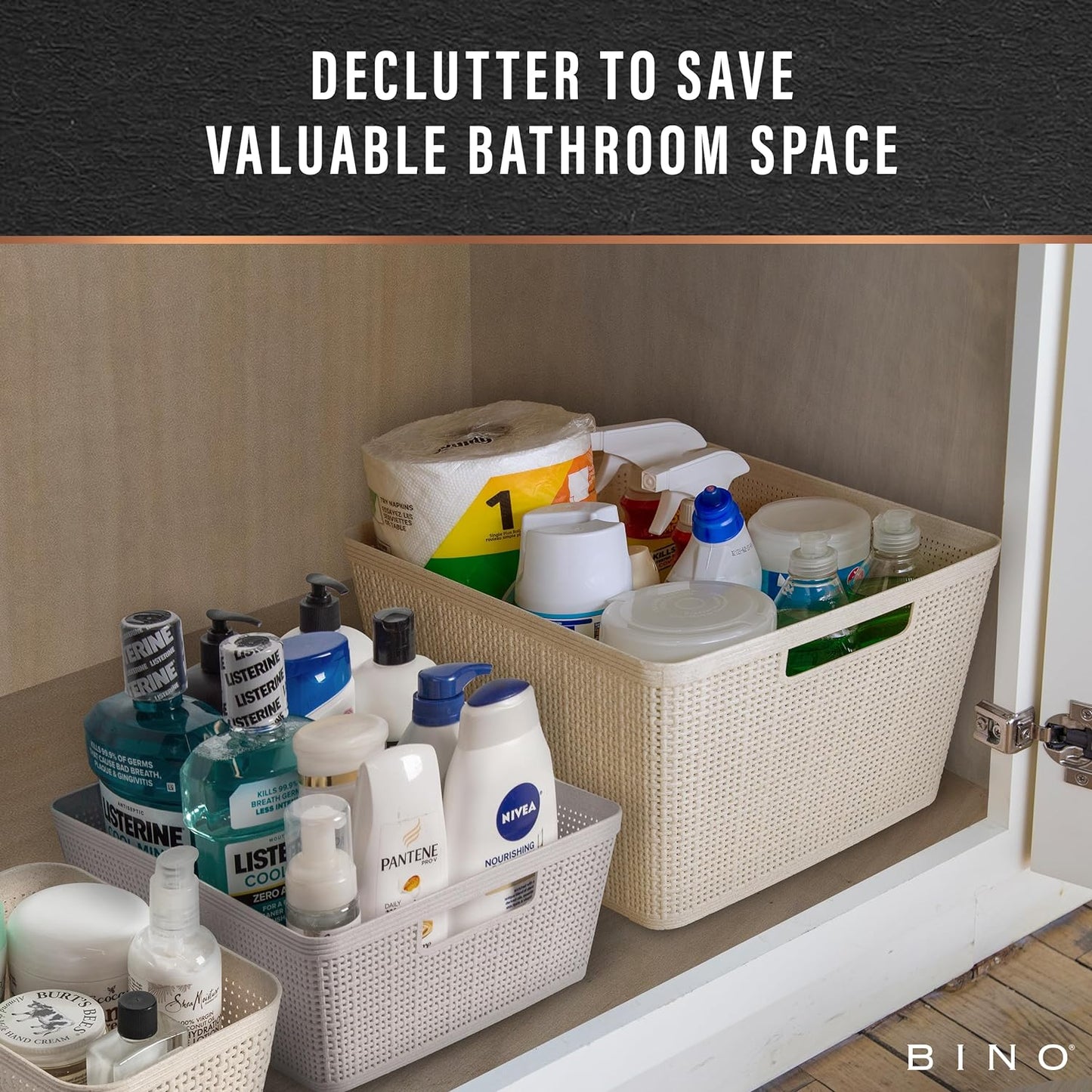 BINO | Woven Plastic Basket | Small (Natural), 5-Pack | THE JUTE COLLECTION | Home Organization, Space - Saving Storage, Stylish Design | Jute Basket | Plastic Storage Basket