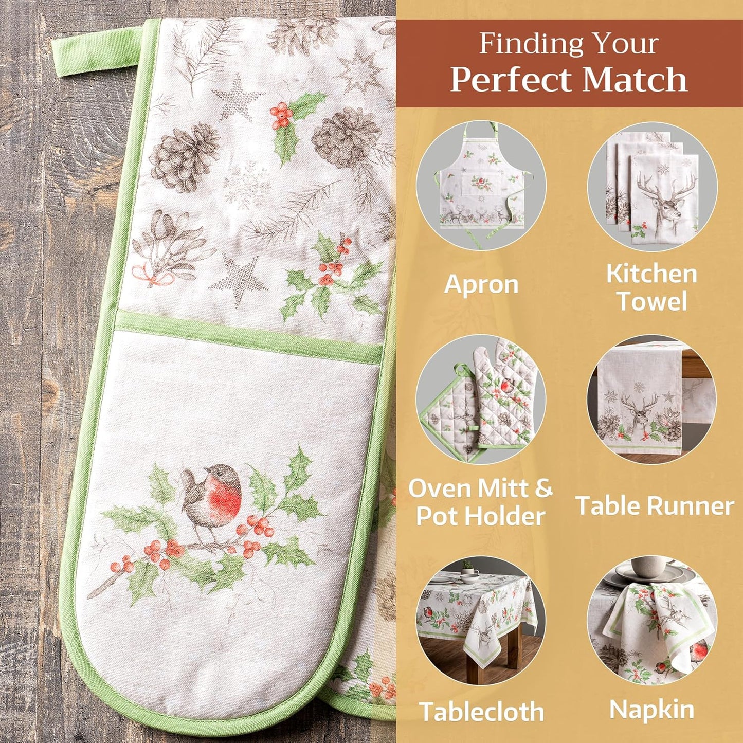 Maison d' Hermine Double Oven Mitts 100% Cotton 7"x35" Double Oven Mitt Heat Resistant BBQ Cooking Gloves with Loop, Baking, Grilling, Home, Kitchen, Handling Hot Pans (Christmas Dew)