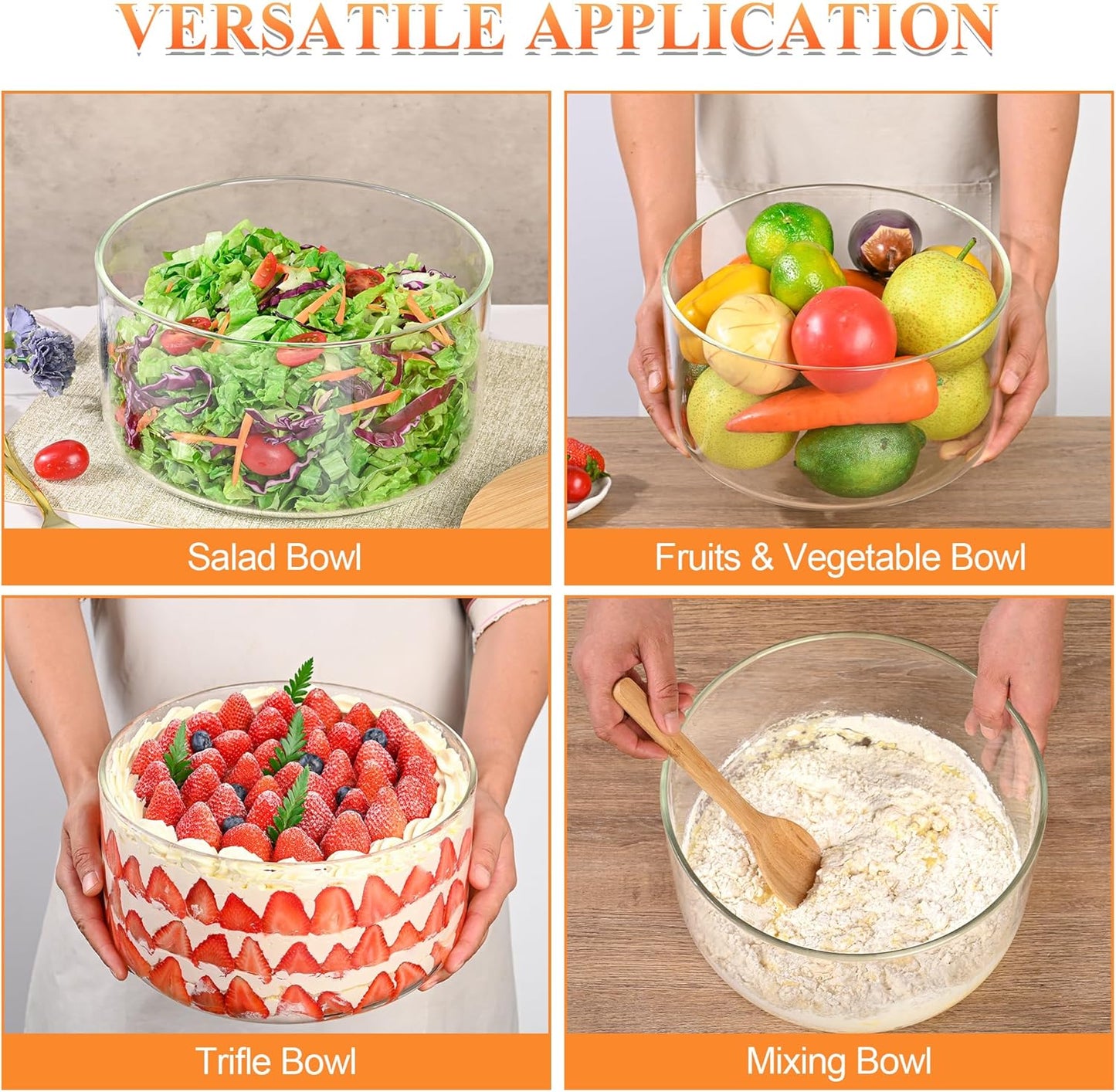 Large Salad Bowl, 10 inch Trifle Bowl Glass 197 oz, Versatile Mixing and Serving Bowls for Laying Ice Cream,Cake,Cupcake,Salad,Fruit,Baking,Dessert and Party Diy, Microwave Safe