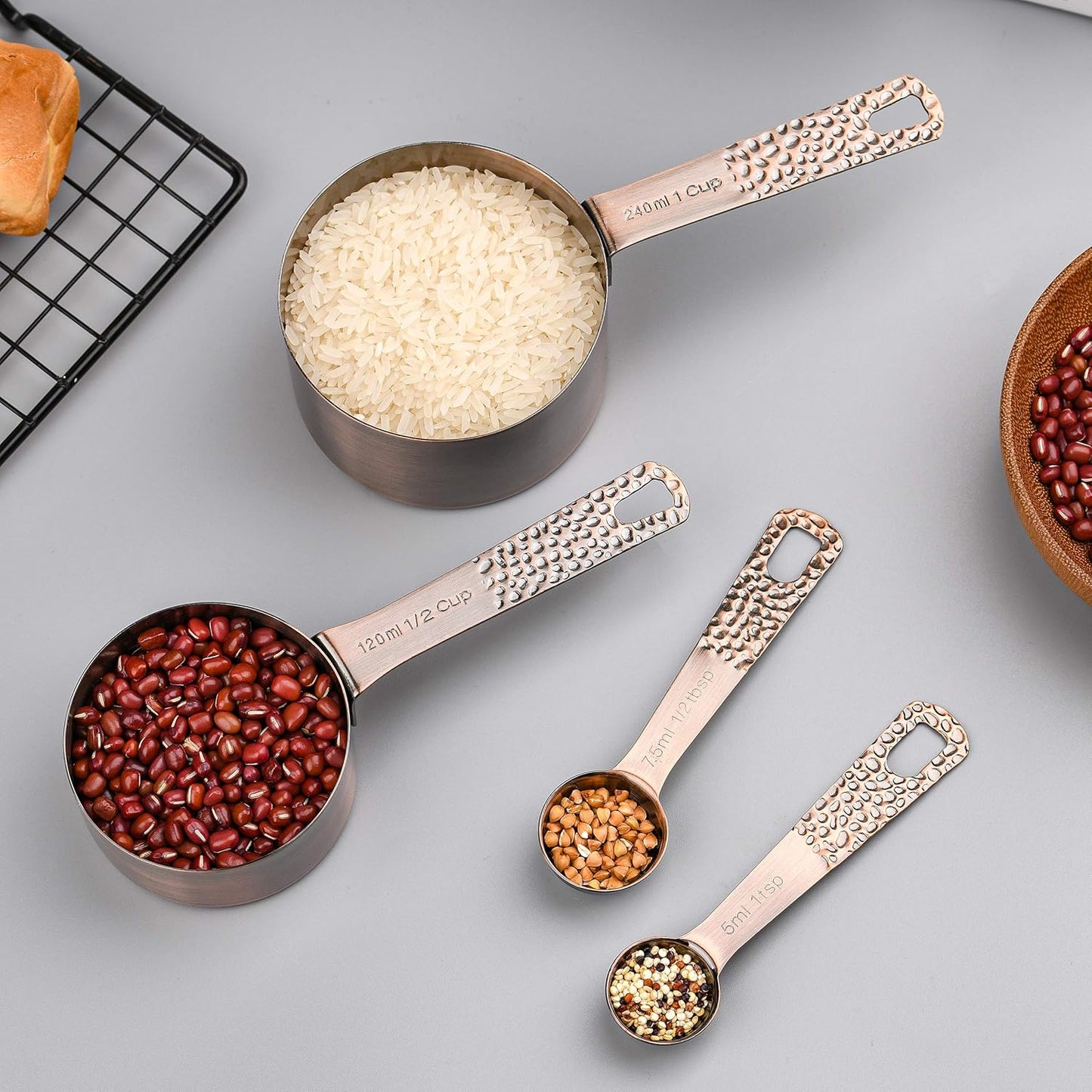 Copper Measuring Cups and Spoons Set 10, Stainless Steel Measuring Cups and Spoons Set for Baking & Kitchen, Metric & US 4 Measure Cup & 5 Measure Spoon &1Leveler for Dry & Liquid