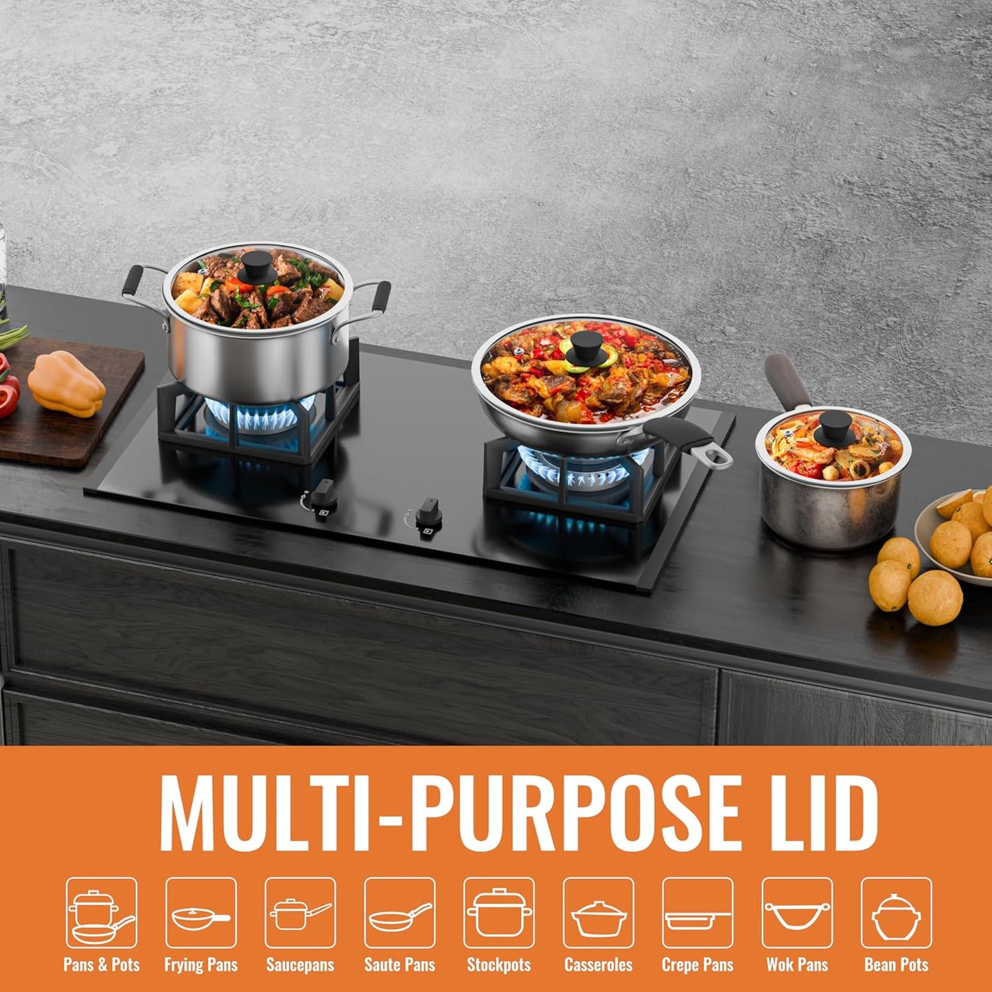 Tempered Glass Lids for Pots and Pans, Cast Iron Skillet Lid 10.5 Inch, Frying Pan Lid, Replacement Pan Cover, Wok, Crock Pot Lid with Wide Stainless Steel Rim, Heat Resistant Cookware Pan Lids