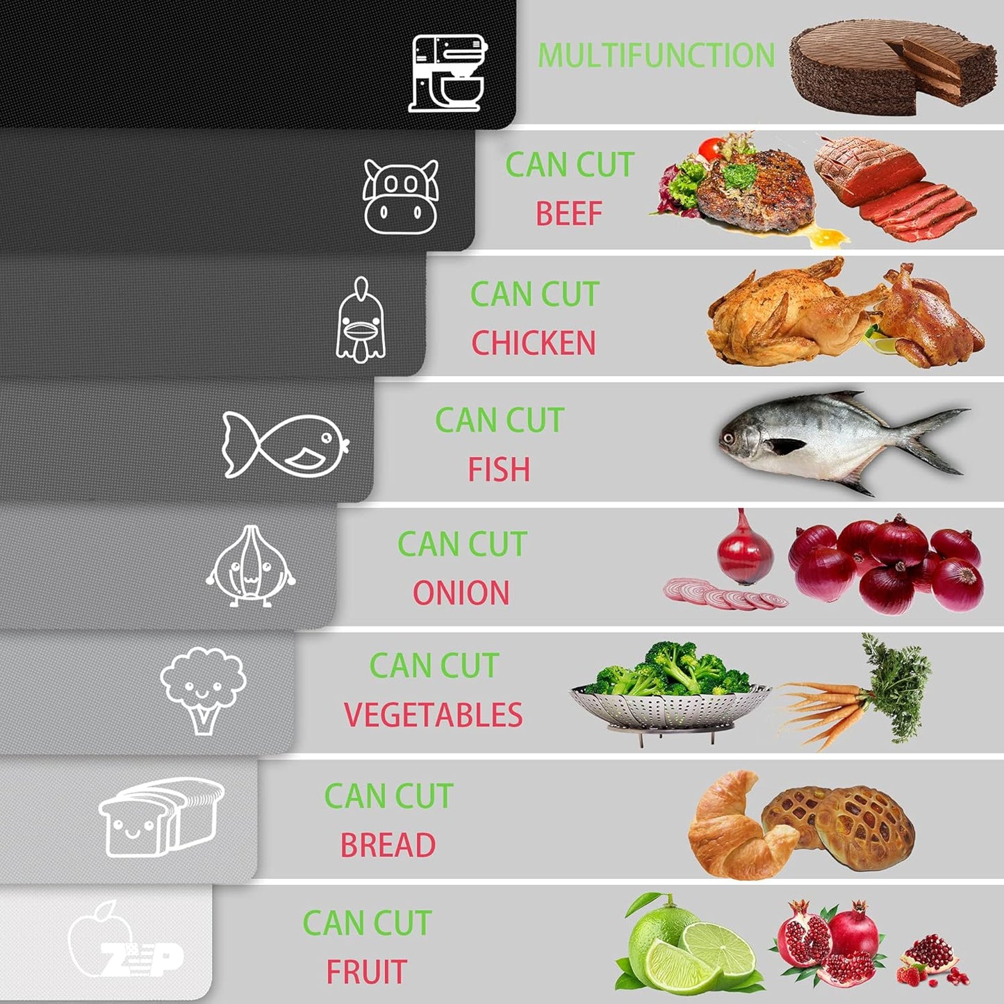ZVP Plastic Cutting Boards for Kitchen, Flexible Cutting Mats, Gradient Gray Chopping Boards with Food Icon, Non-Slip, Non Porous, BPA Free, Dishwasher Safe