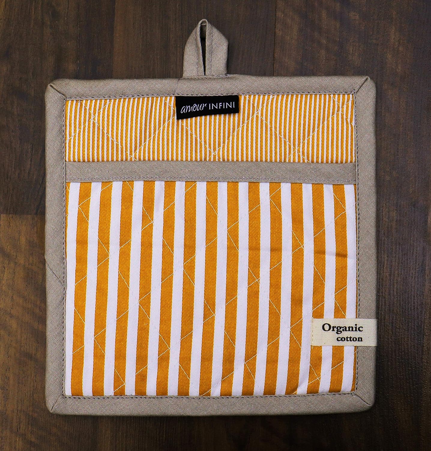 AMOUR INFINI Pot Holders Heat Resistant Cotton Set of 3 Nonslip 8"x8" Inch Hot Pads for Kitchen, BBQ, Baking & Cooking with Hanging Loops (Stripe Yellow)