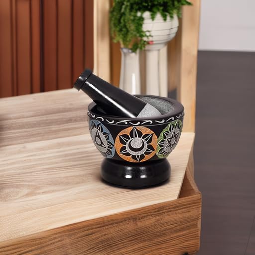 Mortar and Pestle, Made of Heavy Duty Polished Hard Stone, Natural Stone Grinder for Spices, Pastes, Herbs, Seasoning etc. (Black with Mix Color)