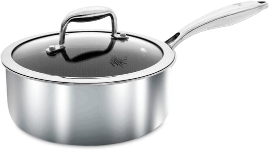 Hell's Kitchen Hybrid Saucepan & lid, Tri-Clad Stainless Steel and Nonstick Ceramic, PFAS Free, no PFOA, no PTFE, no Teflon, Non Toxic Cookware, Metal Utensil Safe, All Cooktops and Oven Safe (1.5 Qt)