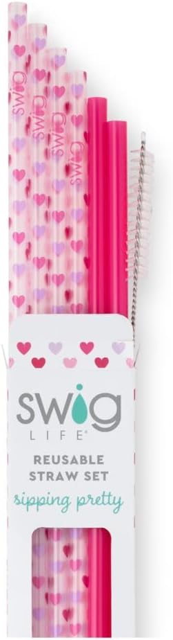 Swig Life Reusable Straws Falling In Love + Pink Tall Straw Set & Cleaning Brush, Each Straw is 10.25 inch Long (Fits Swig Life 20oz Tumblers, 22oz, and 32oz Tumblers)