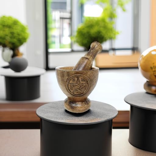 Pentagram Design Wooden Mortar & Pestle Set - Herb Grinder, Pill Crusher, Molcajete 4 inch High by 4" inch wide top, base 2.5" inch Dual Side Pentacle Design Handcarved by New Age Imports, Inc.