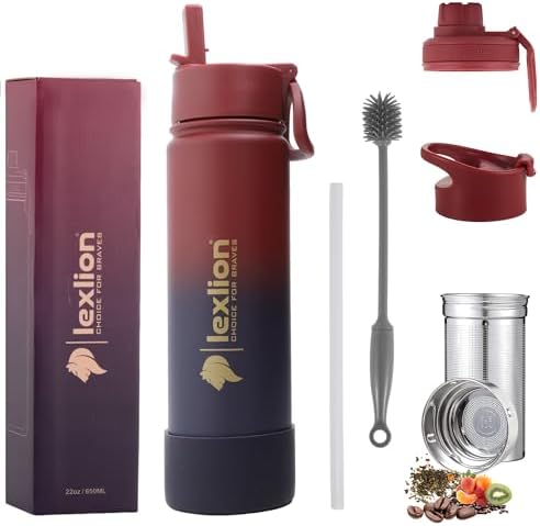 Lexlion 22 Oz Triple Walled Insulated Stainless Steel Fruit Infuser Water Bottle, 3 Lids, Silicone Sleeve, Leakproof, Dishwasher Safe