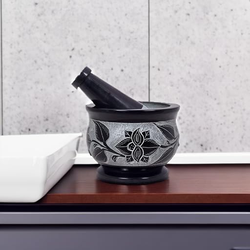 Mortar and Pestle, Made of Heavy Duty Polished Hard Stone, Natural Stone Grinder for Spices, Pastes, Herbs, Seasoning etc. (Floral)