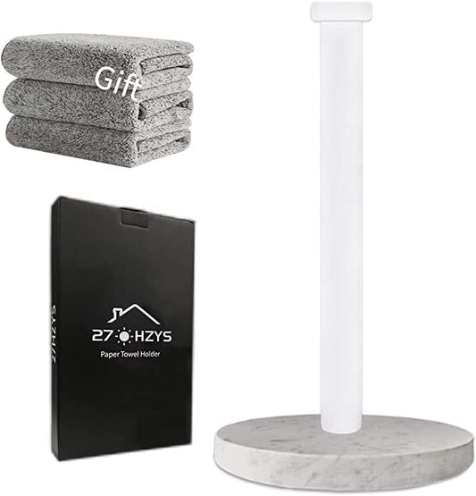 Paper Towel Holder Countertop, Standing Paper Towel Roll Holder for Kitchen Bathroom, with Weighted Marble Base for One-Handed Operation (White), White Marble Paper Towel Holder