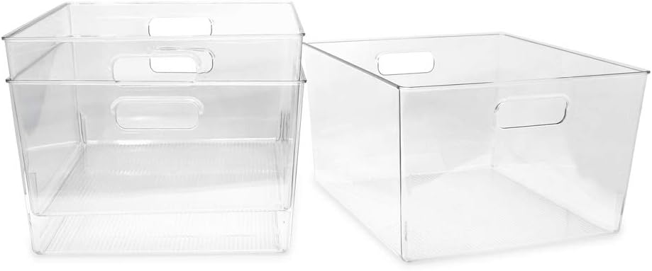 Isaac Jacobs 3-Pack XL Clear Storage Bins with Handles, Plastic Organizer for Office, Home, Kitchen, Pantry, Closet, Kids Room, Cube Shelf, Non-Slip Container Set (3-Pack, Extra-Large)