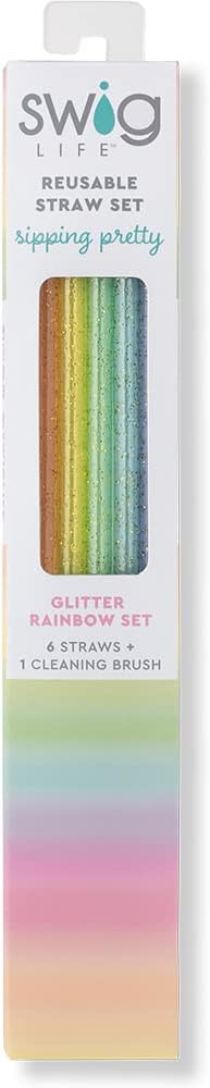 Swig Life Reusable Straws Rainbow Glitter Straw Set & Cleaning Brush, Each Straw is 10.25 inch Long (Fits Swig Life 20oz Tumblers, 22oz, and 32oz Tumblers)