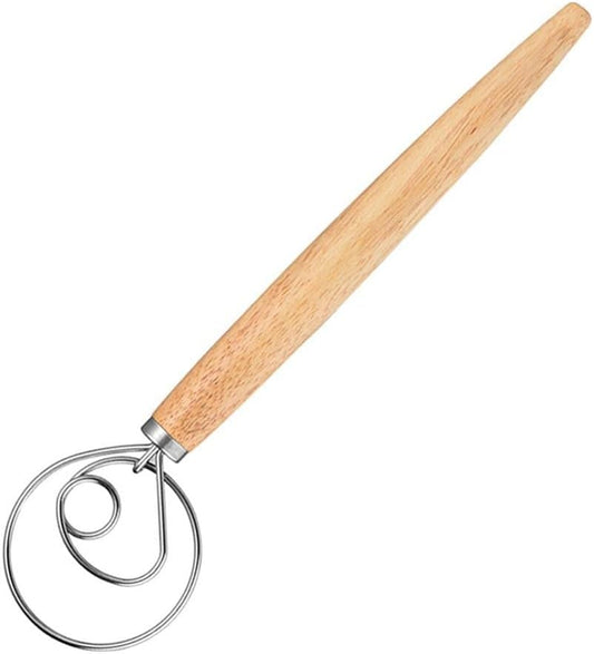 Danish Dough Whisk 13" Stainless Steel Bread Whisk Bread Making Tools Danish Dough Hook Bread Dough Mixer Hand Bread Dough Whisk for Pastry, Baking Cake, Dessert, Sourdough, Pizza, with Wooden Handle