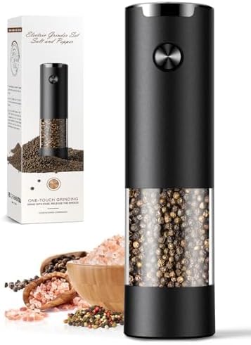 Electric Salt and Pepper Grinder Set Automatic Battery Pepper Mill Shakers Adjustable Coarseness Easy Filling Upgraded Larger Capacity with Led (1 Pack Black）