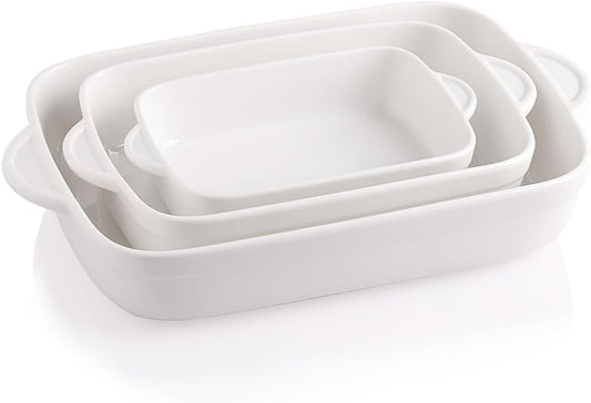 Sweejar Casserole Dishes for Oven, Ceramic Bakeware Set of 3, Lasagna Pan Deep with Handle, Rectangular Baking Pan Set, 9x13 Baking Dish for Cooking, Banquet and Daily Use (White)