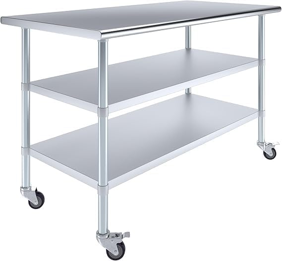 Stainless Steel Work Table with 2 Shelves and Casters | Metal Utility Table On Wheels (60" Long x 30" Deep)
