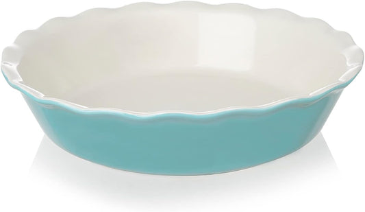 Sweejar Ceramic Pie Pan - 10 Inch Round Baking Dish for Dinner, Non-Stick with Soft Wave Edge for Apple, Pumpkin, Pot Pies (Turquoise)