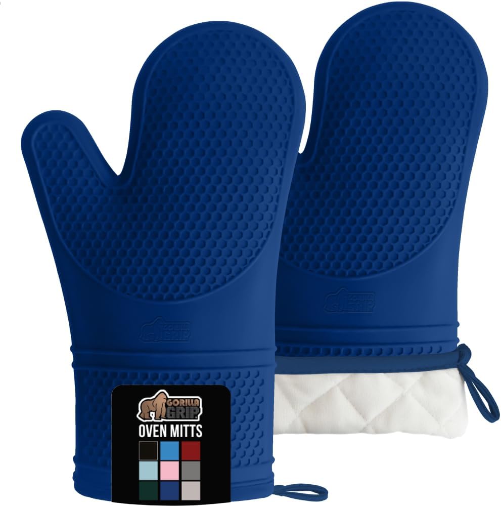 GORILLA GRIP BPA-Free Soft Silicone Oven Mitts, Heat Resistant and Waterproof Cooking Gloves, Thick Cotton Lining, Flexible Gripping for Baking Grilling, Kitchen Potholders Set of 2, 12.5x8.3, Blue