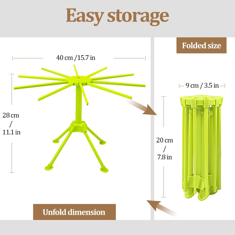 Ourokhome Collapsible Pasta Drying Rack, Plastic Foldable Homemade Fresh Spaghetti Stand Dryer Noodle Hanger for Kitchen with 10 Arms, Stable, Easy Storage, Quickly Set Up (Green)