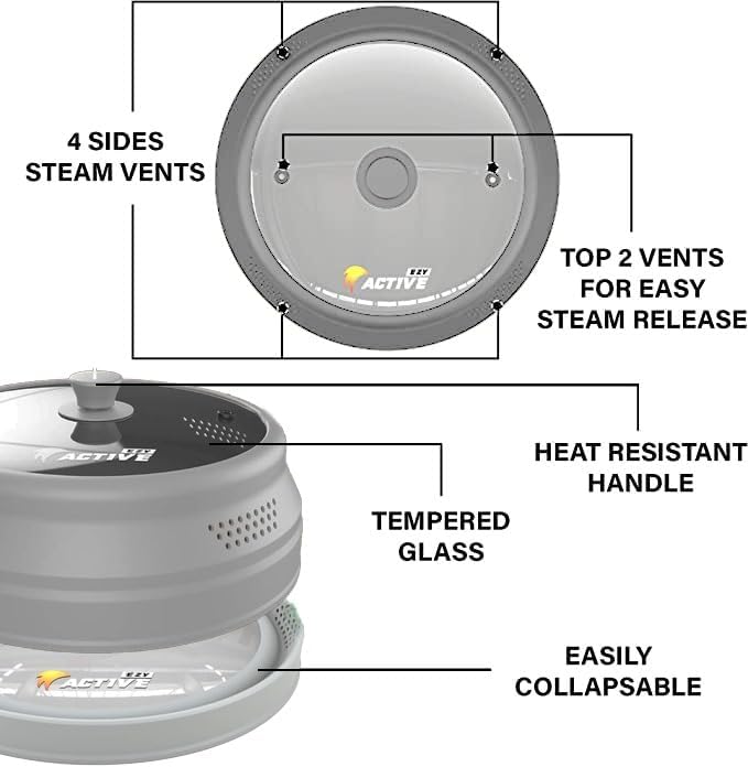 Collapsible Microwave Cover for Food - Silicone and Glass Splatter Guard Lid for 6-12 inch Plates & Bowls, Dishwasher Safe, Heat Resistant, BPA-Free, Gray