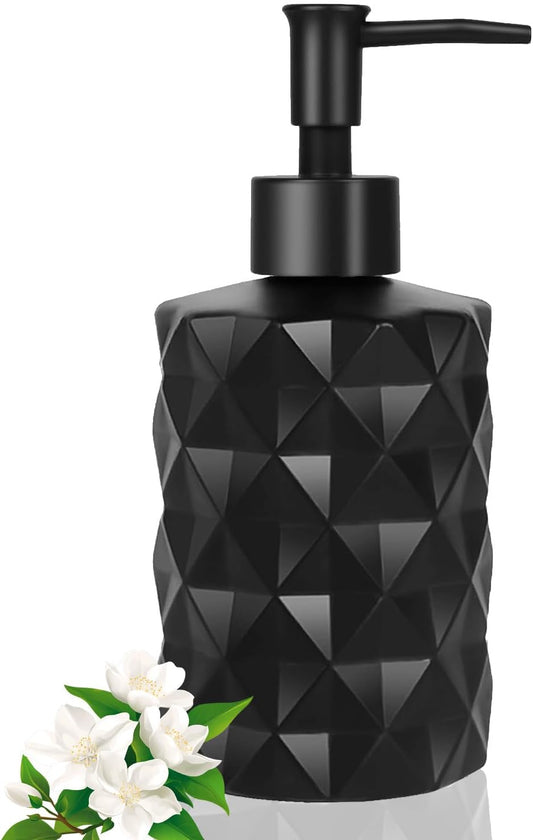 12Oz Small Glass Soap Dispenser with Black Plastic Pump, Black Refillable Kitchen Countertop Liquid Hand Soap Dispensers with Diamond Design, Crystal Bathroom Lotion Bottle for Dispense Dish Soap