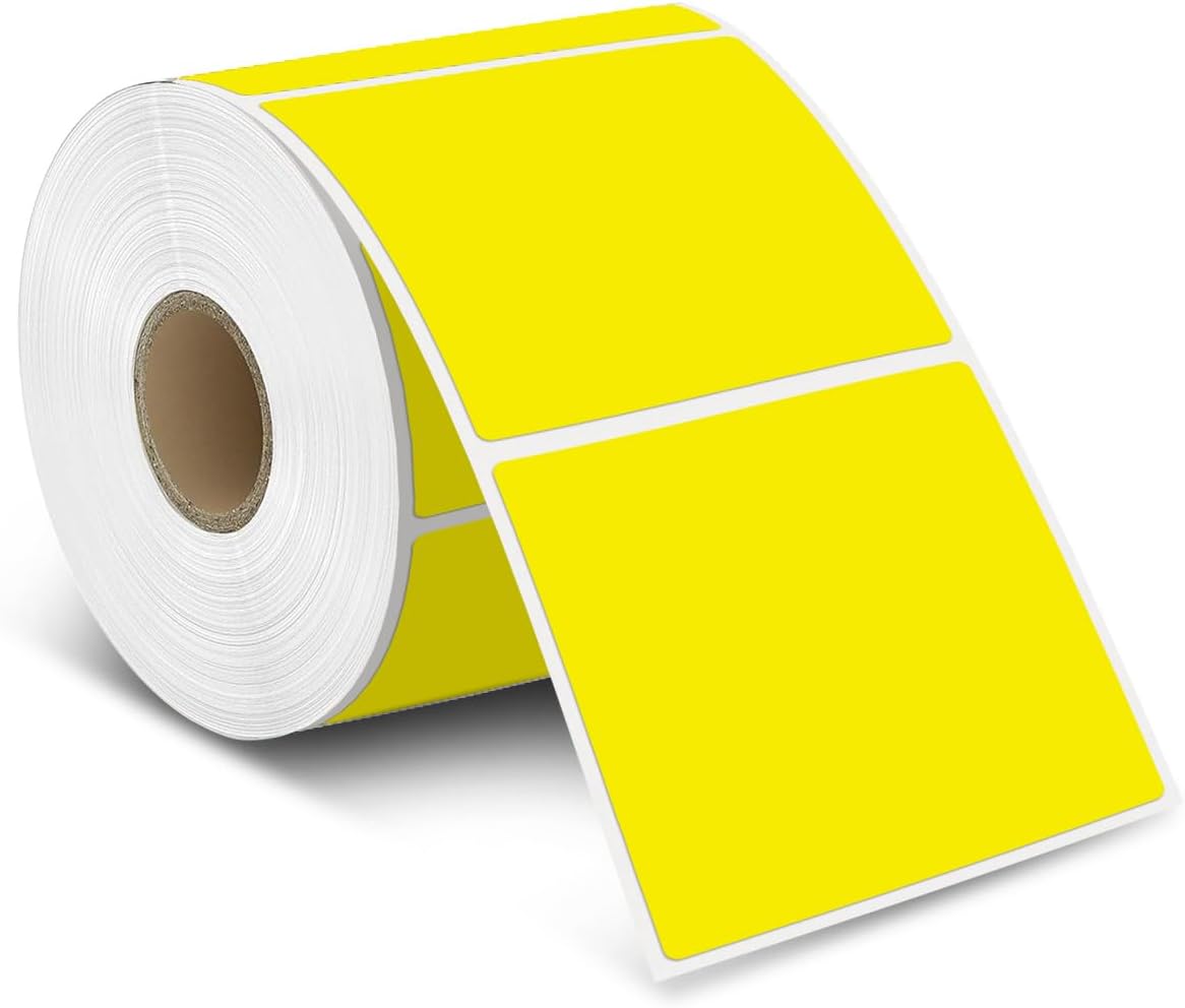 iEager Yellow Square Thermal Label Stickers, 3" x 3" Self-Adhesive Square Direct Thermal Labels with Perforation Line, 500 Sheets/Roll
