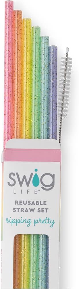 Swig Life Reusable Straws Rainbow Glitter Straw Set & Cleaning Brush, Each Straw is 10.25 inch Long (Fits Swig Life 20oz Tumblers, 22oz, and 32oz Tumblers)