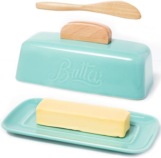 Butter Dish with Lid and Knife Ceramic Butter Holder for Counter Humanized Clamp-able Knife Handle Design, Perfect for East West Coast Butter, Skyblue