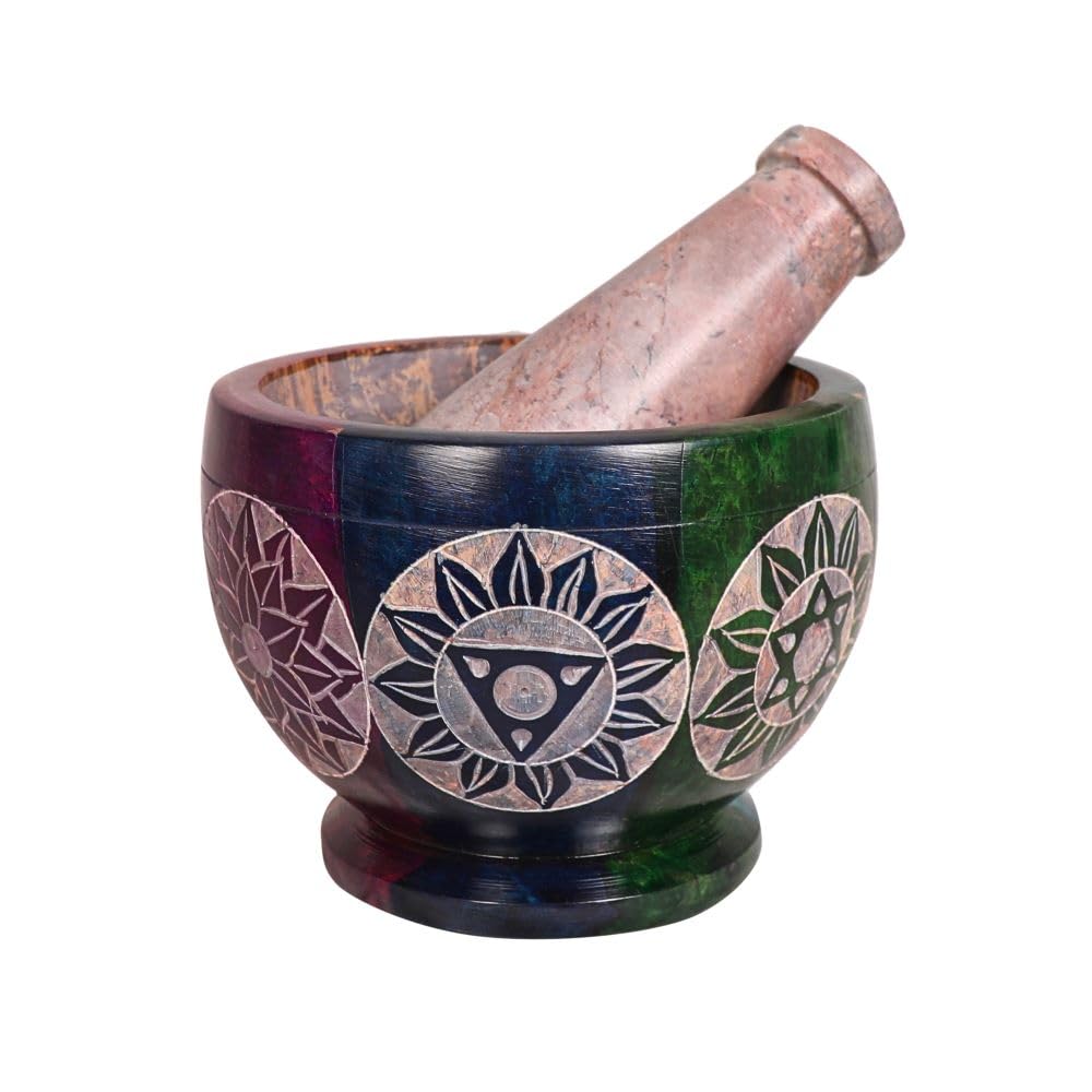 Mortar and Pestle, Made of Heavy Duty Polished Hard Stone, Natural Stone Grinder for Spices, Pastes, Herbs, Seasoning etc. (Rainbow)