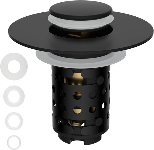 Universal Bathroom Sink Stopper Hair Catcher Upgraded with 2-Layer Detachable Filter Basket, 4 in 1 Pop Up Drain Strainer, Anti-Clog, Odor-Block, Universal Fit for 1.1''~2.36'' Sinks, Matteblack