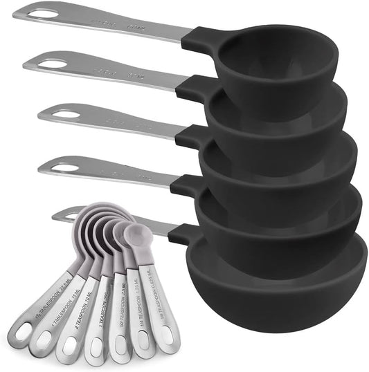COOK WITH COLOR Measuring Cups Set and Measuring Spoon Set, Stainless Steel Handles, Nesting Kitchen Measuring Set, Liquid Measuring Cup Set, 12 PC Stainless Steel, Black and White Collection
