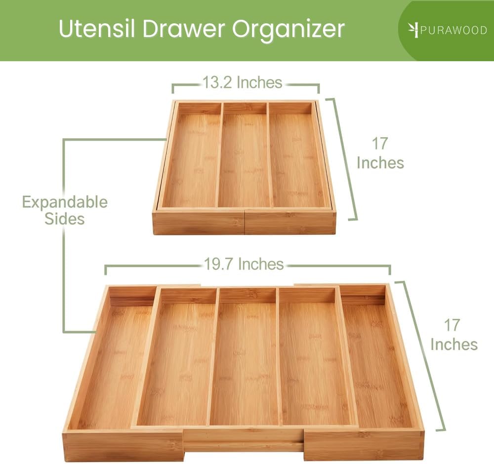 Bamboo Drawer Organizer, 2 Pack - Expandable Silverware Organizer & Utensil Drawer Organizer, Cutlery Tray with Dividers, 7-9 Slots - Premium Kitchen Organizer for Utensils & Flatware (Natural)
